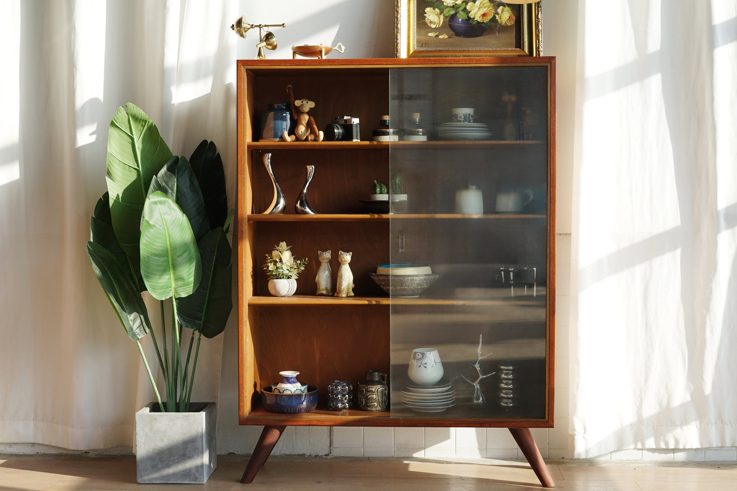 丹麥 柚木 玻璃 滑門 高腳 展示櫃