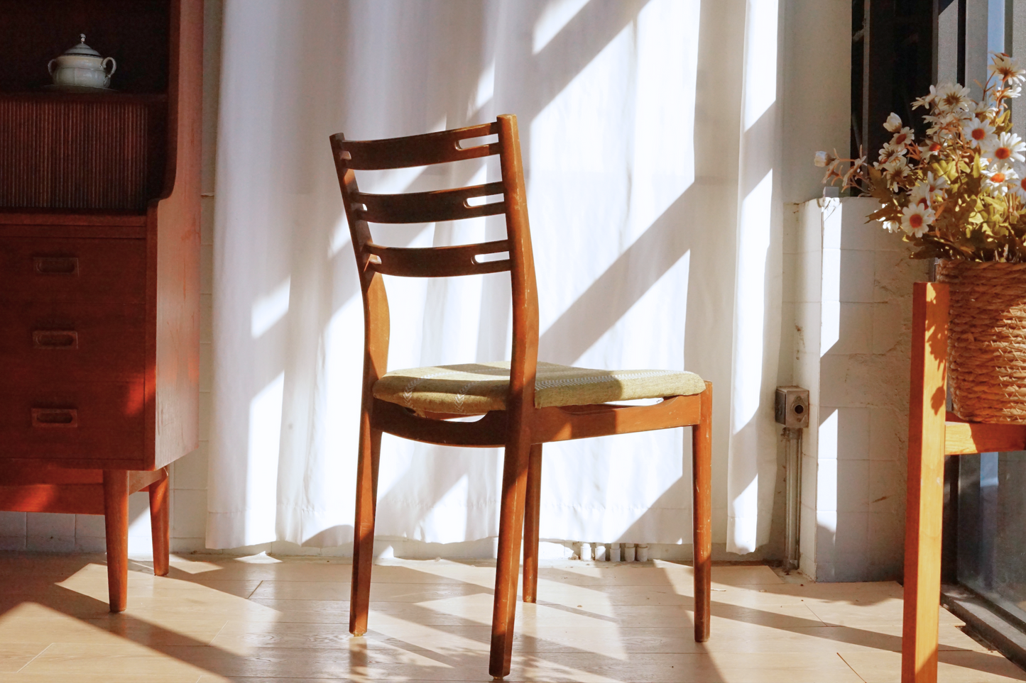 丹麥 柚木 芥黃色 布面餐椅