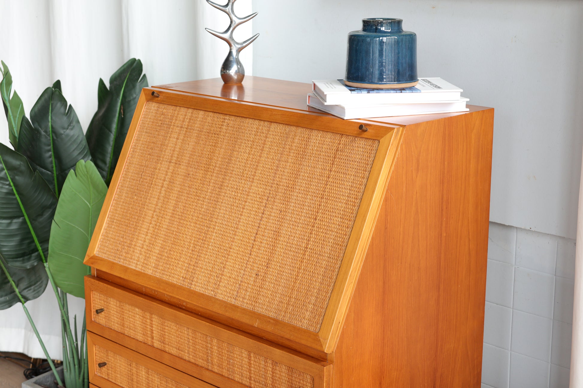 丹麥 柚木 藤編 復古 斜面 五斗櫃 OLDANMARK