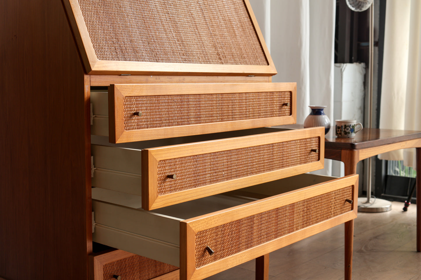 丹麥 柚木 藤編 復古 斜面 五斗櫃 OLDANMARK