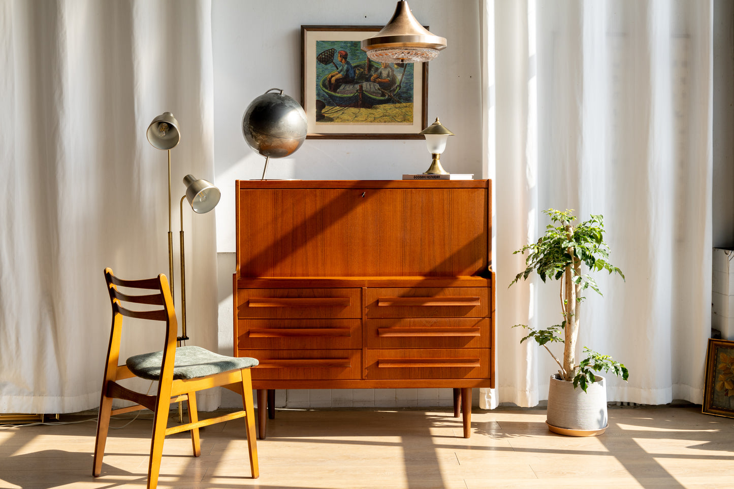 丹麥 現代風 柚木 六抽 下翻式 寫字櫃 OLDANMARK