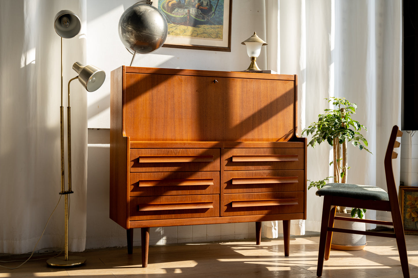 丹麥 現代風 柚木 六抽 下翻式 寫字櫃 OLDANMARK