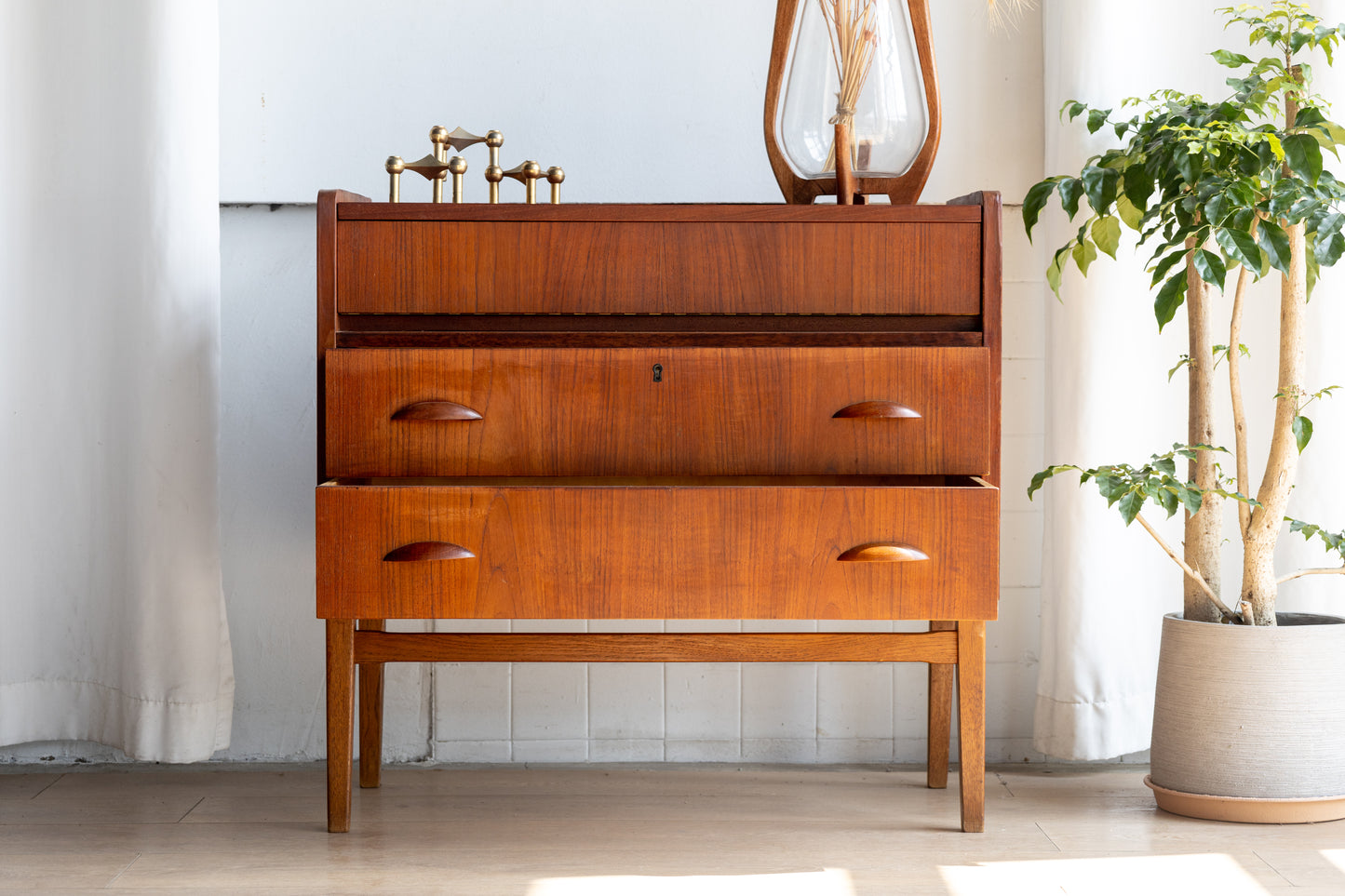 丹麥 柚木 上翻式 鏡面 化妝 寫字櫃 OLDANMARK