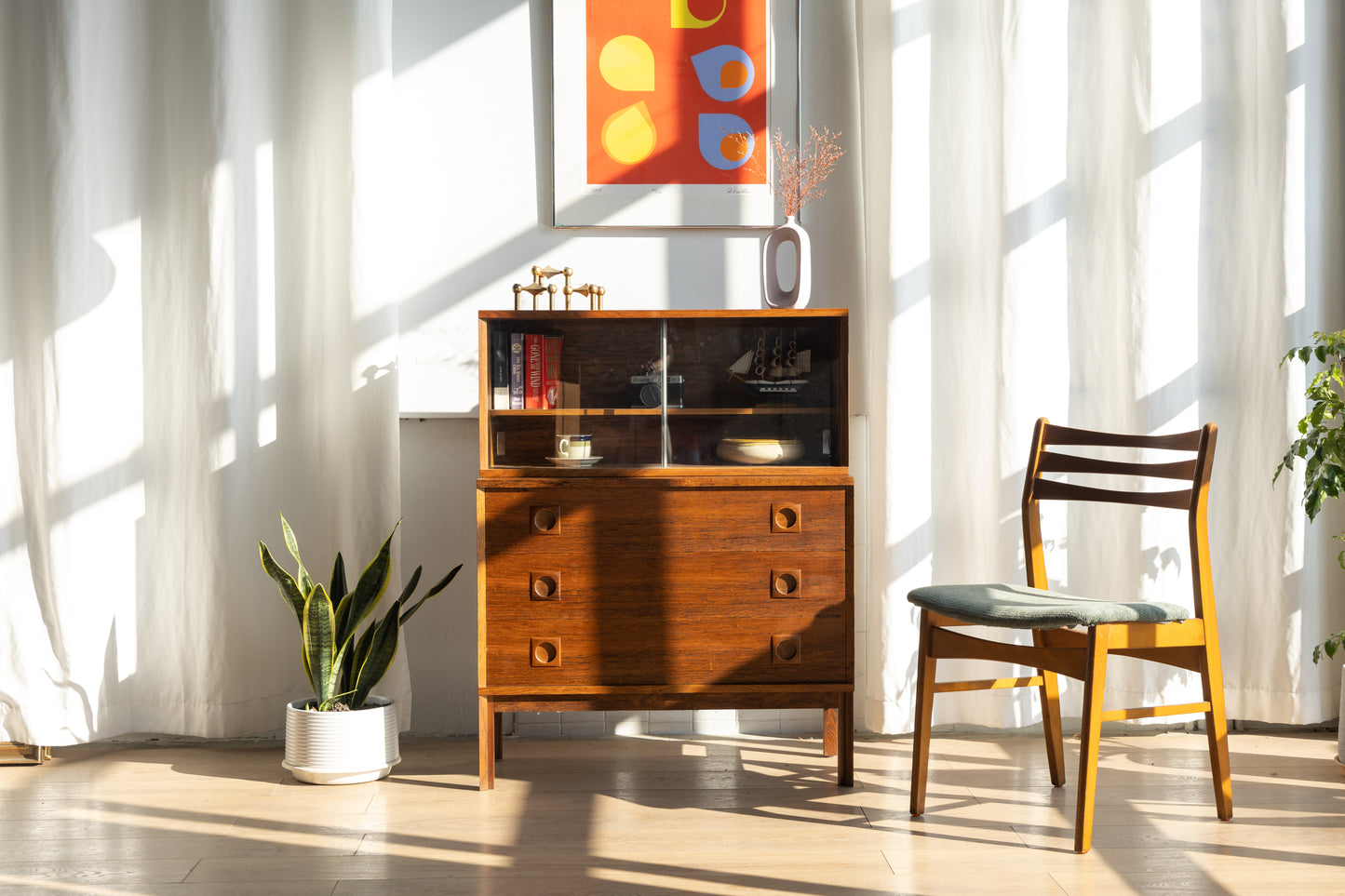 丹麥 玫瑰木 兩件式 玻璃 展示櫃 OLDANMARK