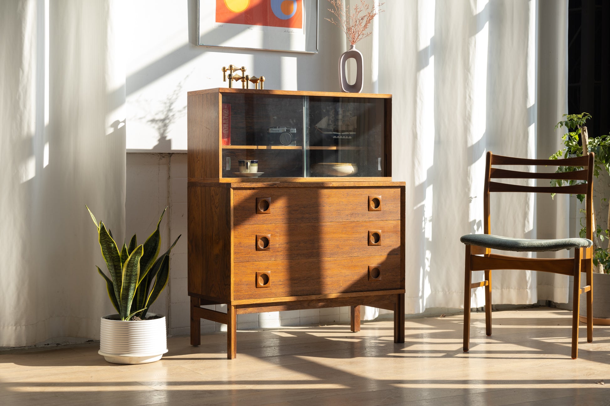 丹麥 玫瑰木 兩件式 玻璃 展示櫃 OLDANMARK