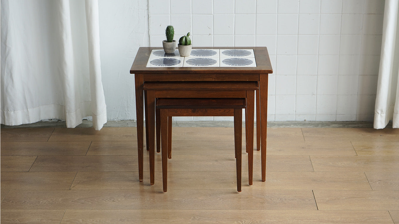 丹麥 玫瑰木 風巢瓷磚 三連桌