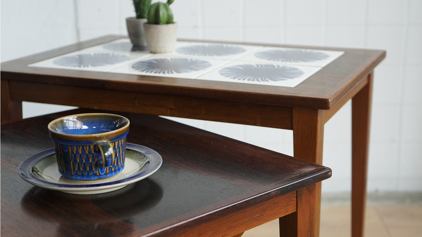 丹麥 玫瑰木 風巢瓷磚 三連桌