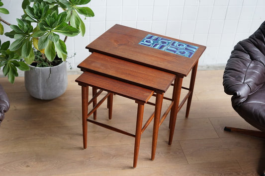 丹麥 藍釉瓷磚 柚木三連桌