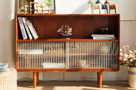 丹麥 柚木 條紋 玻璃 滑門 展示櫃