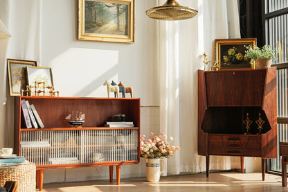 丹麥 柚木 條紋 玻璃 滑門 展示櫃