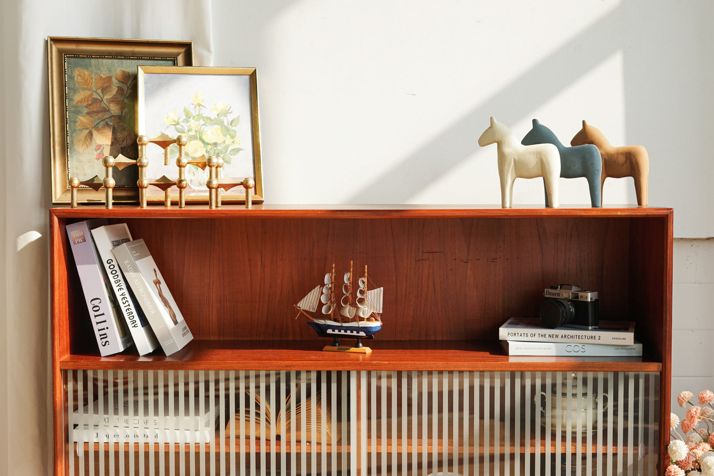 丹麥 柚木 條紋 玻璃 滑門 展示櫃