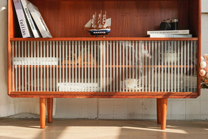 丹麥 柚木 條紋 玻璃 滑門 展示櫃