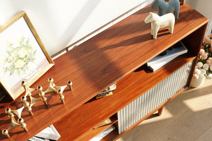 丹麥 柚木 條紋 玻璃 滑門 展示櫃