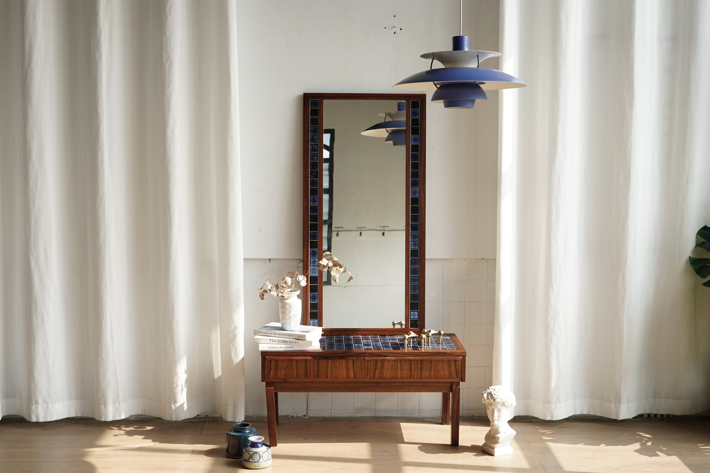 丹麥 玫瑰木 藍色磁磚 櫃鏡組