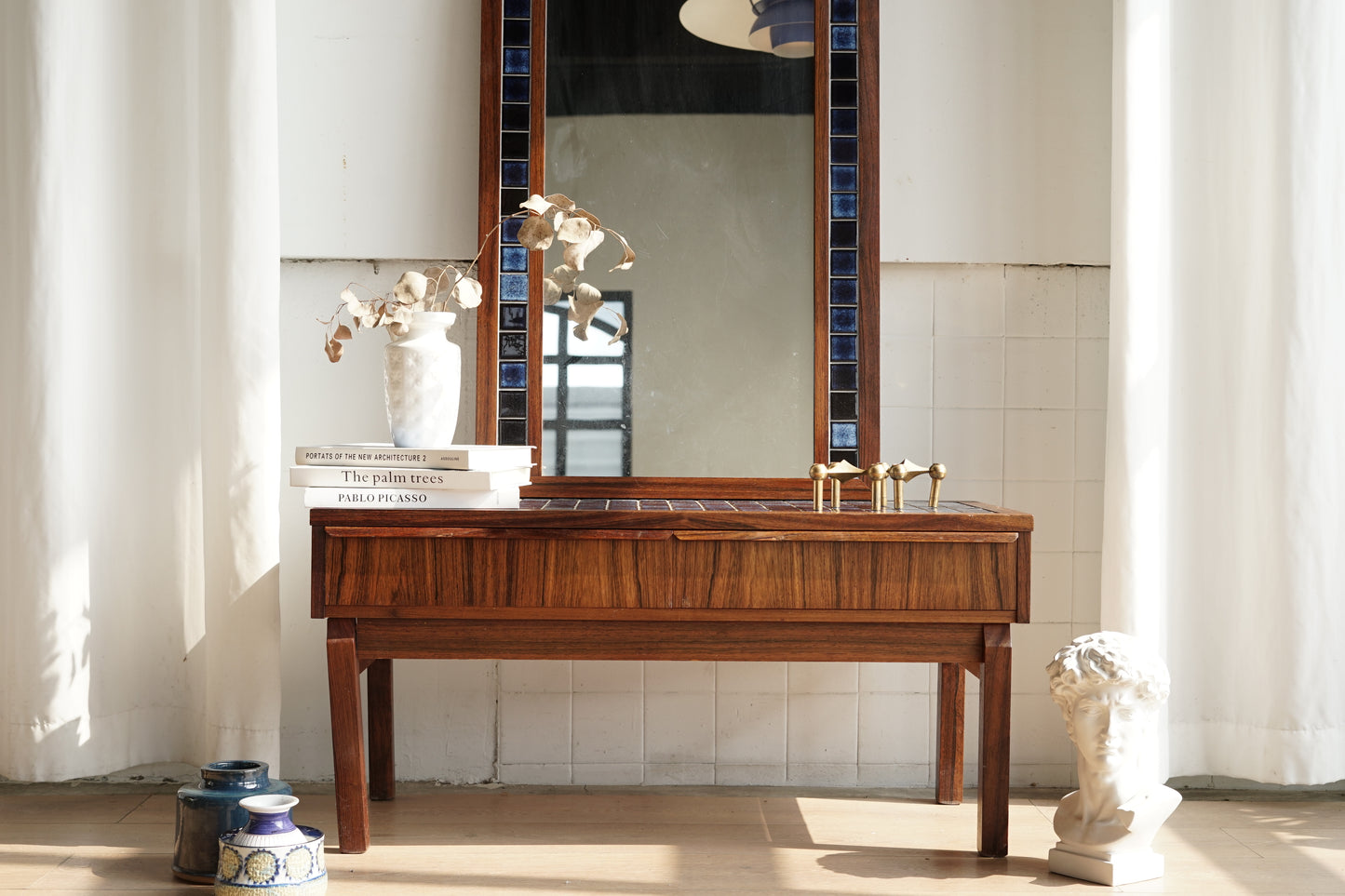 丹麥 玫瑰木 藍色磁磚 櫃鏡組