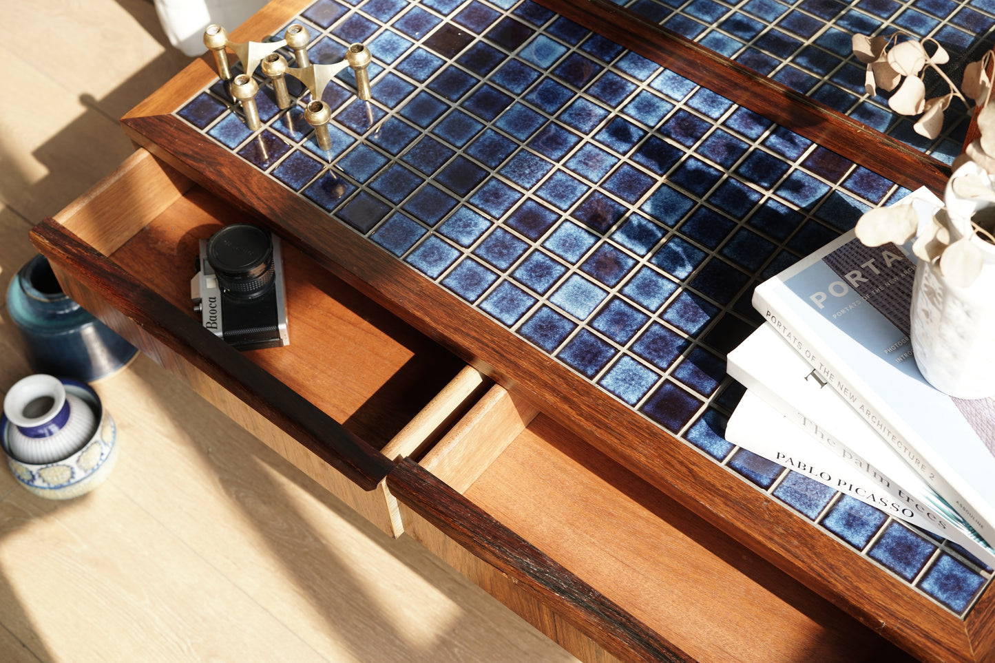 丹麥 玫瑰木 藍色磁磚 櫃鏡組