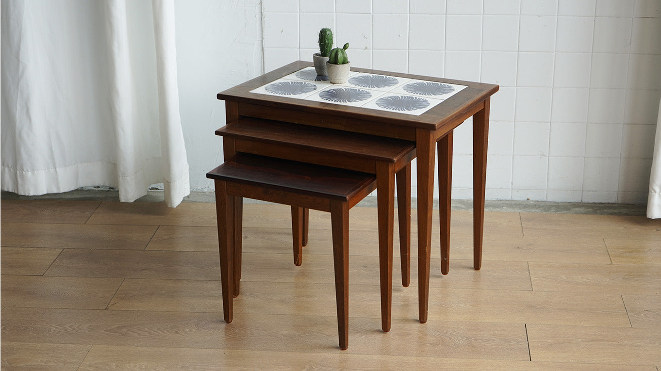 丹麥 玫瑰木 風巢瓷磚 三連桌