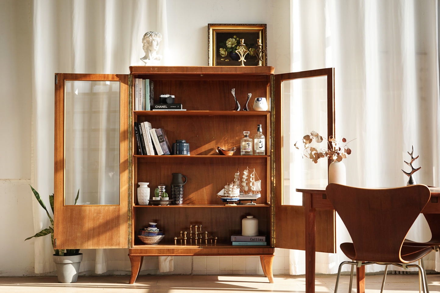 丹麥 桃花心木 雙門 玻璃 展示櫃