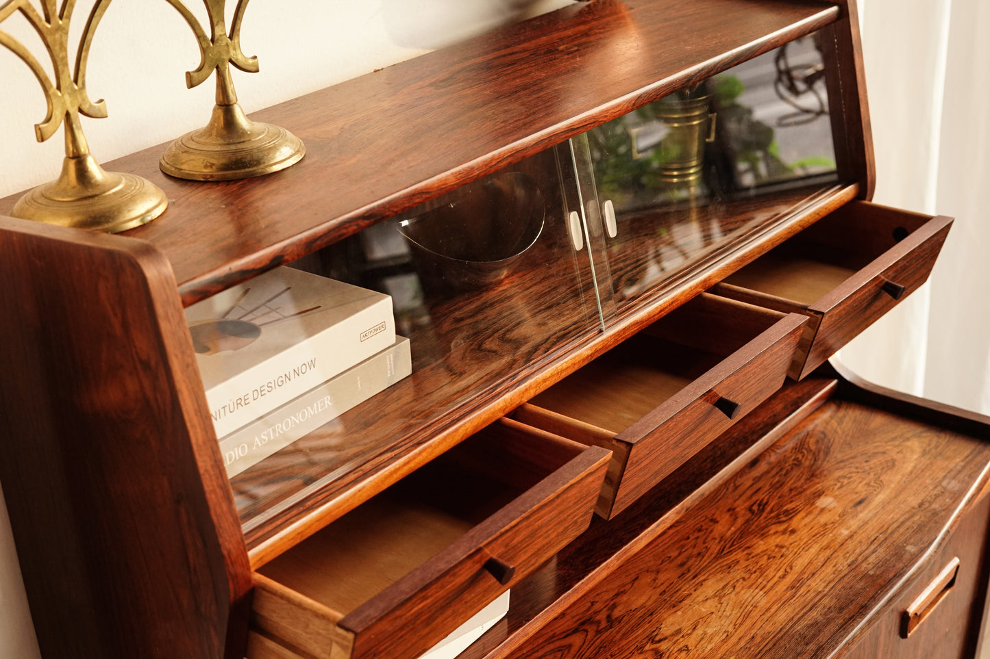 丹麥 典雅 玫瑰木 玻璃 寫字櫃