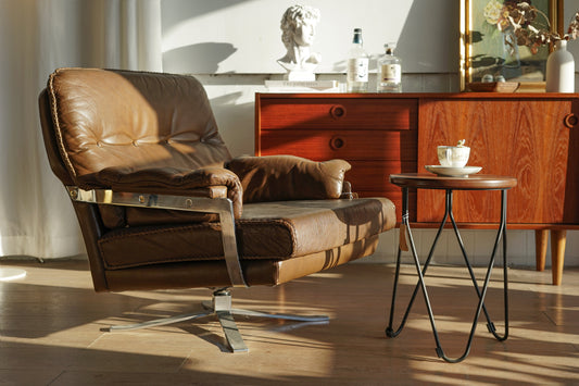 Arne Norell 真皮 厚墊 棕色 低座深躺 旋轉椅