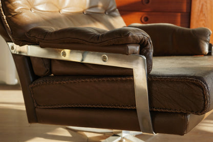 Arne Norell 真皮 厚墊 棕色 低座深躺 旋轉椅