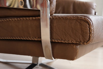 Arne Norell 真皮 厚墊 棕色 低座深躺 旋轉椅