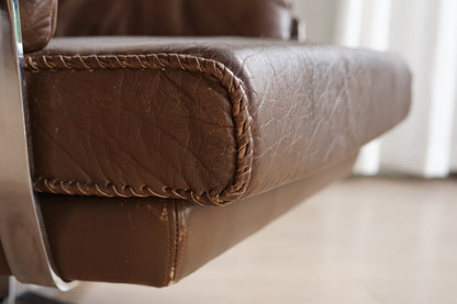 Arne Norell 真皮 厚墊 棕色 低座深躺 旋轉椅