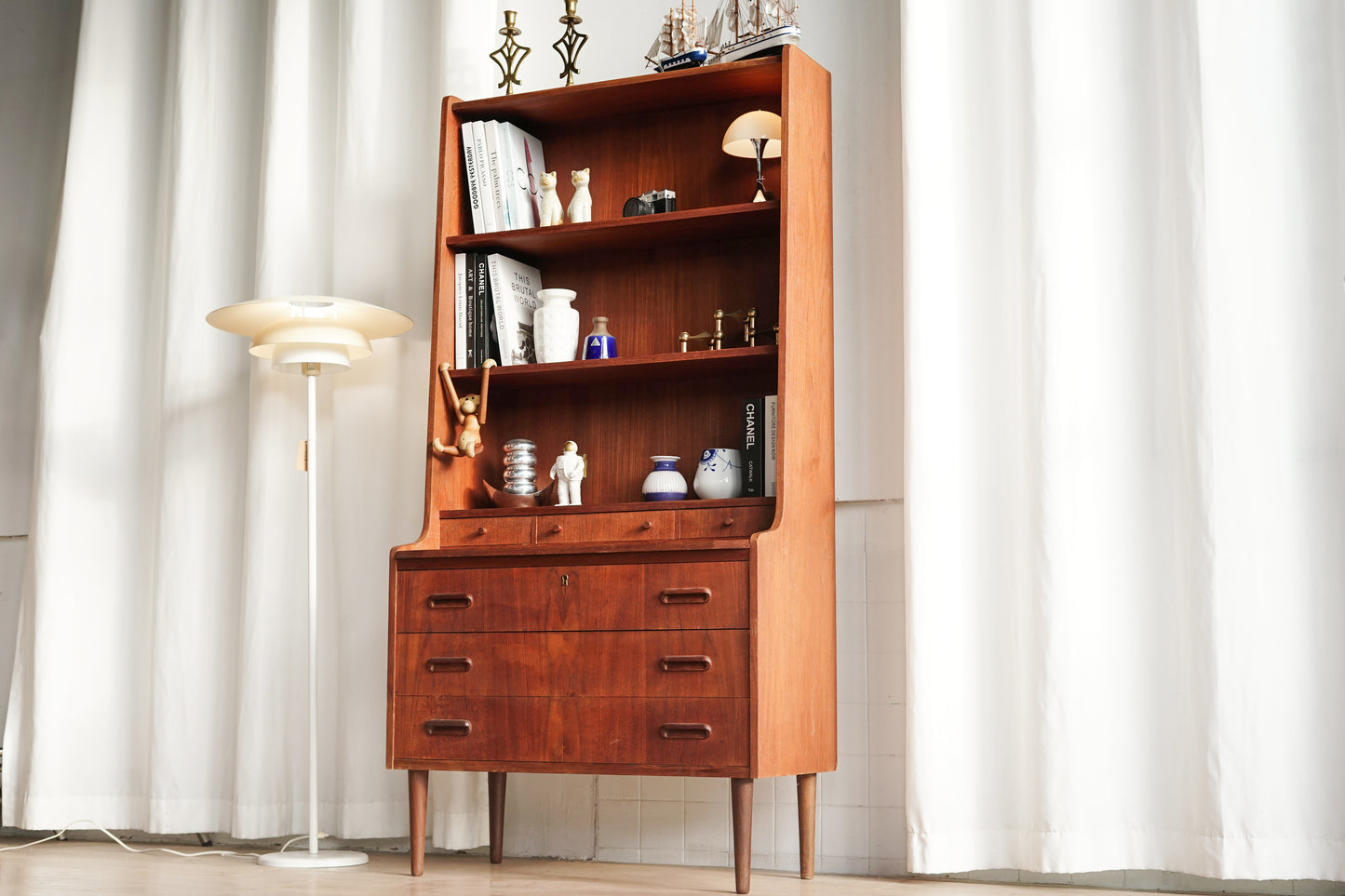 丹麥 柚木 經典 抽屜 高腳 高書櫃