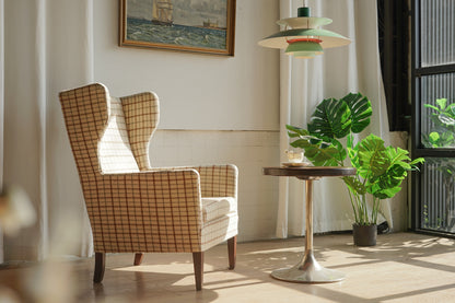 丹麥 格紋羊毛 高背翼背 休閒實木 沙發椅