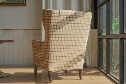 丹麥 格紋羊毛 高背翼背 休閒實木 沙發椅