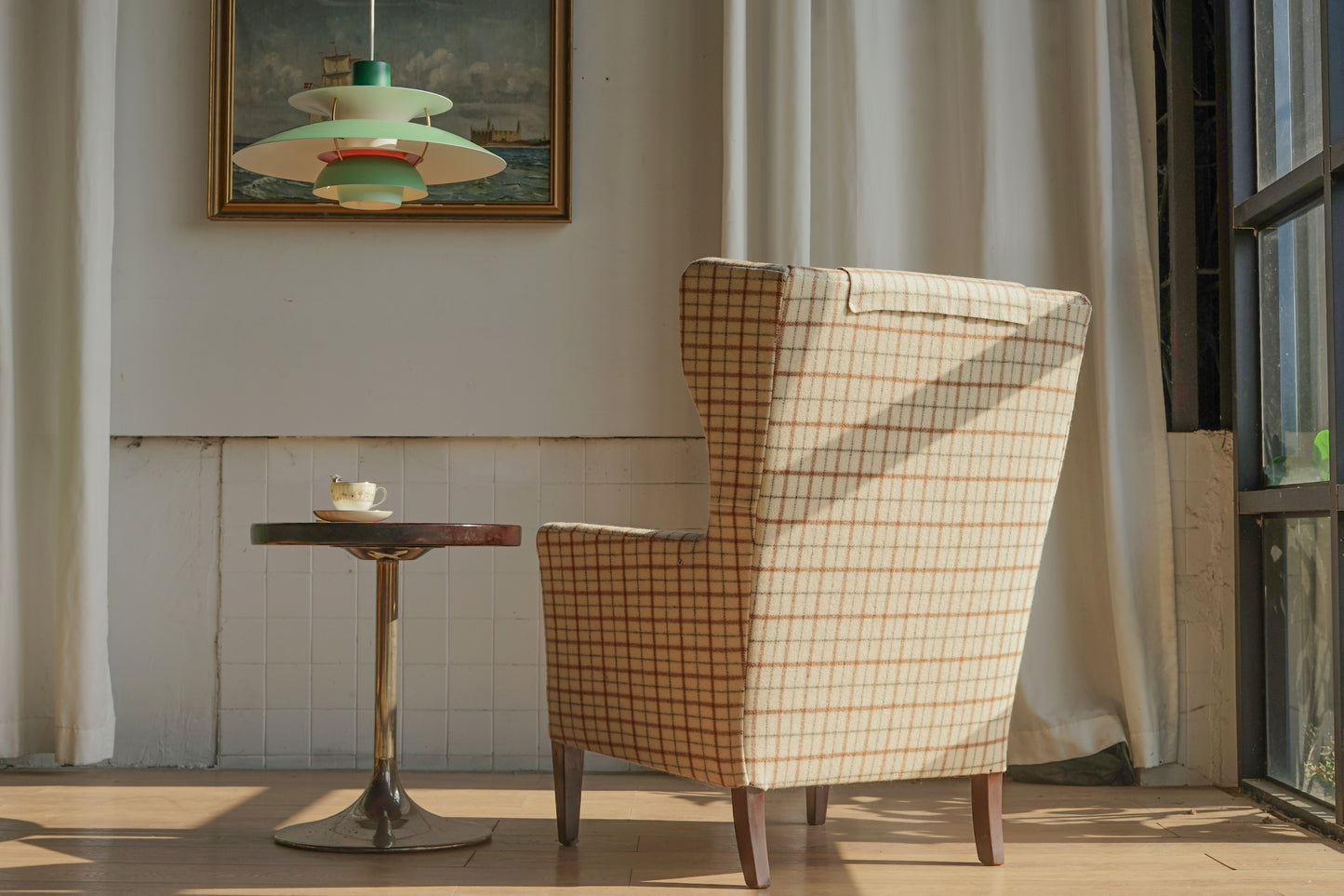 丹麥 格紋羊毛 高背翼背 休閒實木 沙發椅