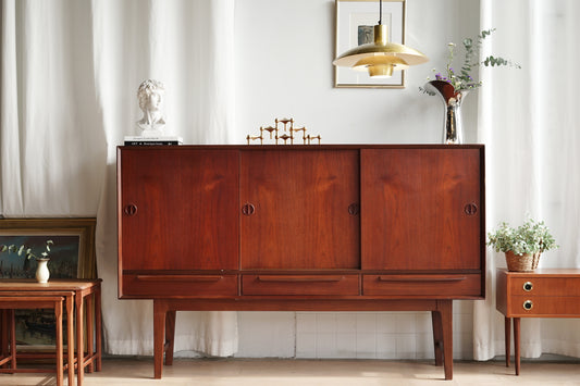 丹麥 柚木 圓形把手 三滑門 高櫃 OLDANMARK