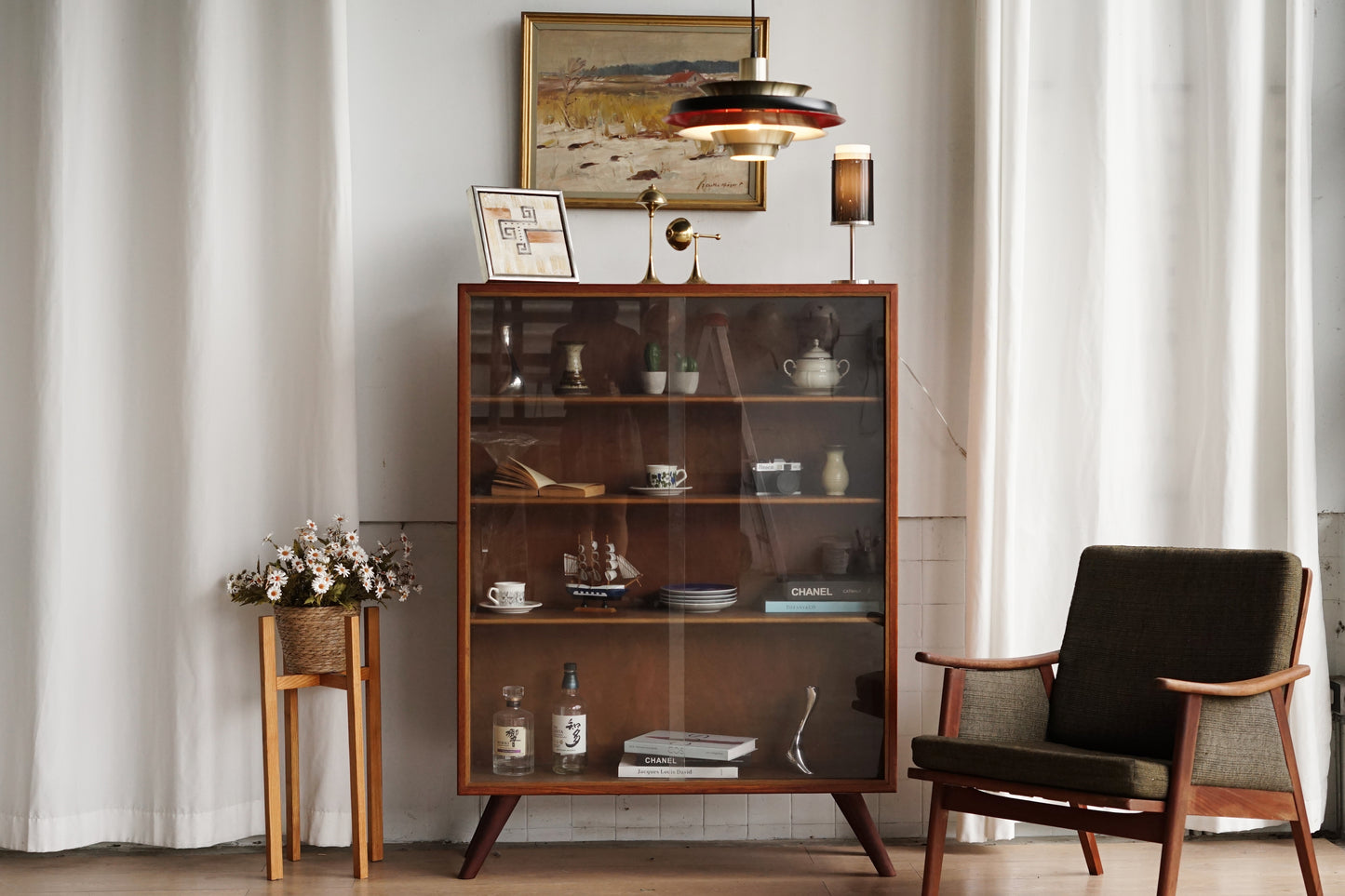 丹麥 柚木 玻璃 滑門 高腳 展示櫃