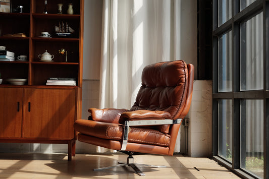 Arne Norell 旋轉 低背 淺棕 真皮 休閒椅
