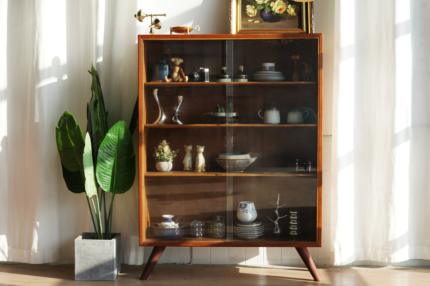 丹麥 柚木 玻璃 滑門 高腳 展示櫃