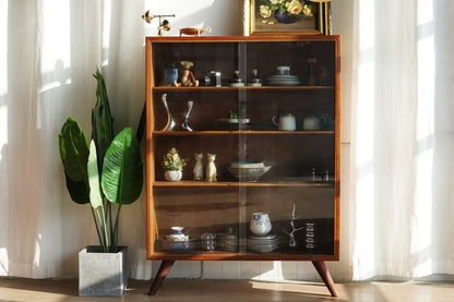 丹麥 柚木 玻璃 滑門 高腳 展示櫃