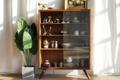 丹麥 柚木 玻璃 滑門 高腳 展示櫃