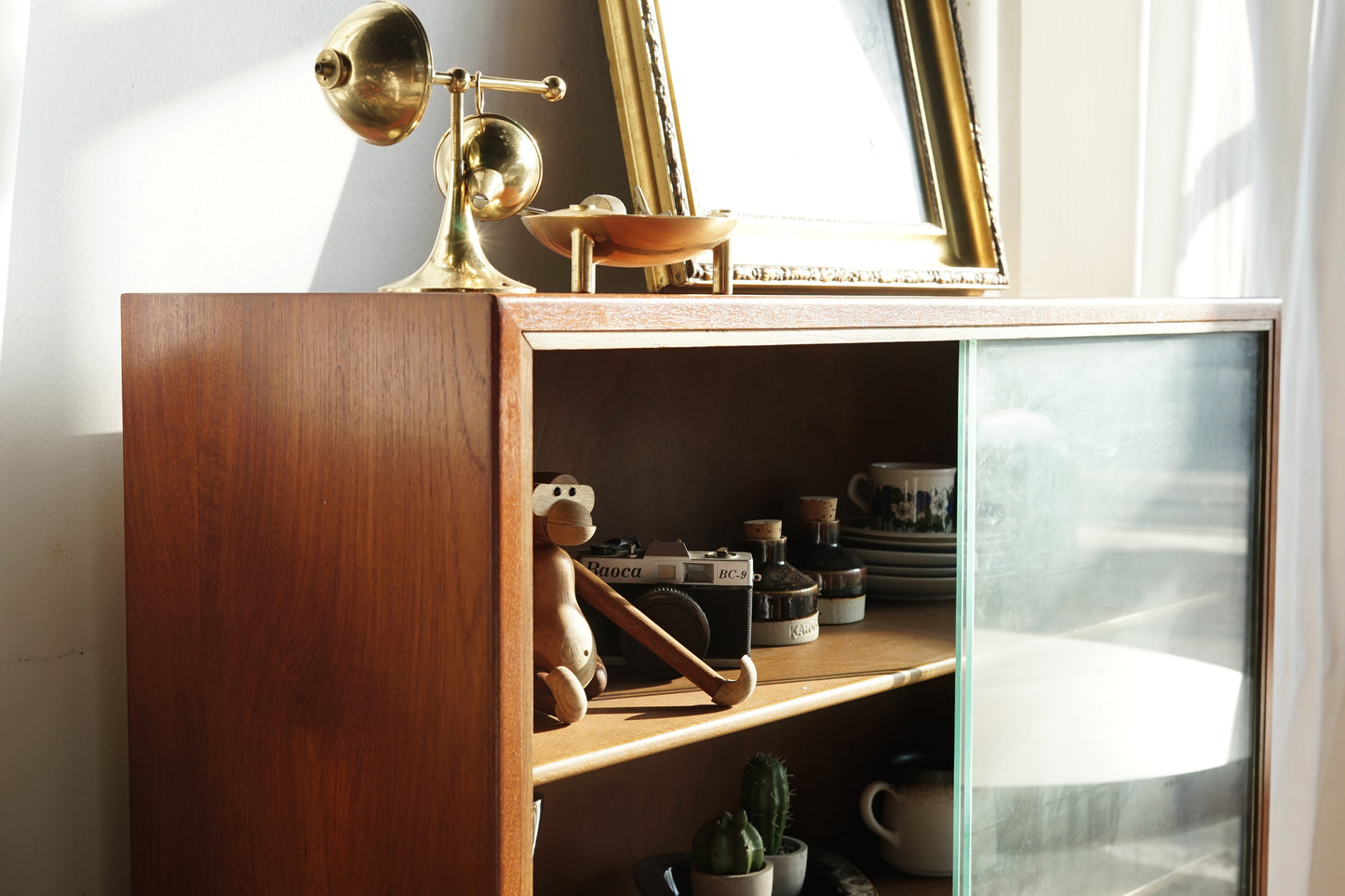 丹麥 柚木 玻璃 滑門 高腳 展示櫃