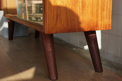 丹麥 柚木 玻璃 滑門 高腳 展示櫃