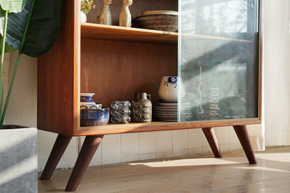 丹麥 柚木 玻璃 滑門 高腳 展示櫃